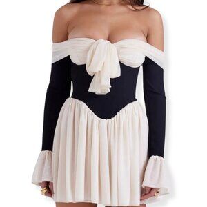 Women's Cream and Black Off-the-Shoulder Bow Mini Dress